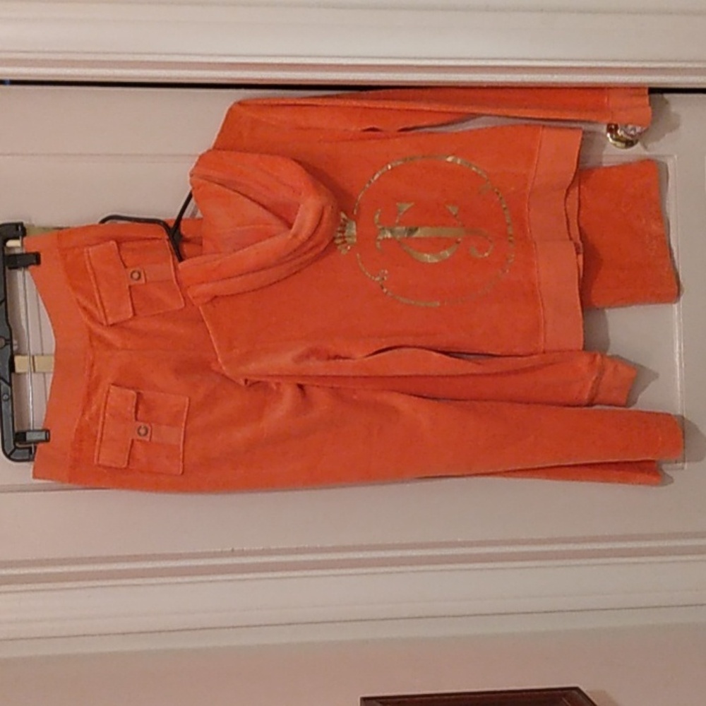 Y2K Juicy Couture Orange Peach velour Tracksuit SET FLAP POCKETS HOODIE PANT VTG